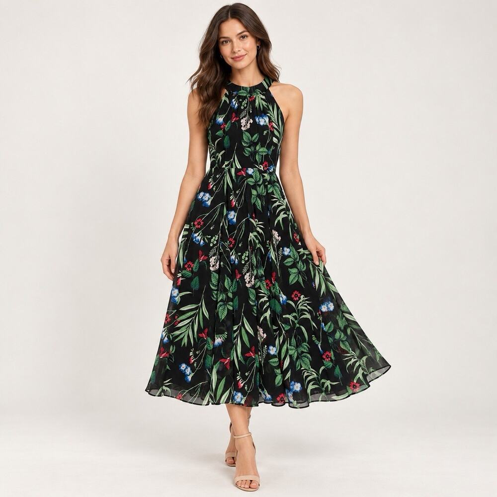 Tommy Hilfiger Chiffon Dress Womens 4 Green Black Tropical Floral Midi Halter